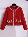 Winter Fashion Plaid Red Tweed Two Piece Set Women Pearls Single Breasted Fringed Woolen Jackets Coat + Pocket Mini