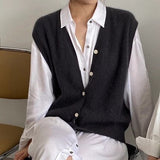 Knitted Sweater Vest Women Stretchy Simple Basic Daily V-neck Solid Open-stitch Female Korean