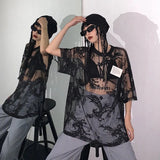 Summer Sexy Mesh T Shirts Women Lace See Through Oversize Mesh Tops Semitransparent Gothic E Girl T-shirt Streetwear