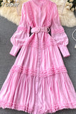 Fashion Women's Dress New Round Neck Lace Loose Single Breatsed Long Sleeve Belt Waist Mid-calf Dresses Summer2023