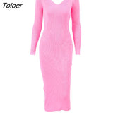 Autumn Winter Sweater Dress Casual 2022 V-Neck Elegant Knitted Women Dresses Long Sleeve Bodycon Midi Dress