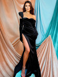 Graduation party gift Winter Women Solid One Shoulder Strap Maxi Dress With Gloves Ruched Side Slit Bodycon Sexy Party Elegant