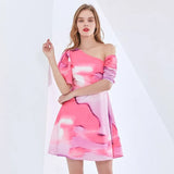 Asymmetrical Print Color Block Mini Dress For Women Skew Collar Short Sleeve High Waist Sexy Slim Dress Female