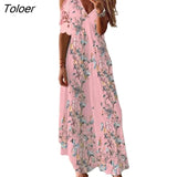 Women Maxi Dress Floral Print Lacet V Neck Party Dress Summer Loose-fitting Long Ladies Sexy Boho Dress for Party