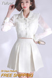 Autumn Tweed 2 Piece Outfits Suits Women Sexy Short Cropped Tops Coat Blazer Suit Pleated High Waist Mini Skirt Mujer