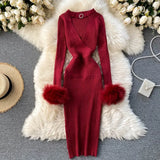 Quality Luxury Shining Knitted Women Dress Sexy Hollow Out V-neck Halter Bodycon Party Dress Fashion Purple
