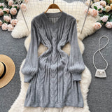 Women Retro Solid Sweater Dress V Neck Hemp Floral Long Sleeve French Style 2022 Winter A Line Slim Knitted