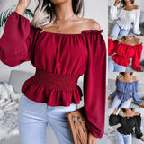 Wind Shooting Autumn And Winter New Sexy Word Collar Under The Shoulder Hem To The Leaves Of The Chiffon Shirt Women's