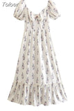Elegant Chic Dress Women 2023 Square Collar Floral Print Dress Woman Puff Sleeve Zipper Jewelry Inlaid High Waist