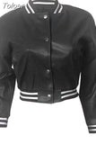 B PU Faux Leather Crop Bomber Coat Ladies Stand Collar Full Sleeve Baseball Jackets Streetwear Button Down Slim Fit