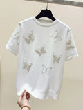 Summer Luxury Design Butterfly Nail Bead Short Sleeve Knit Sweater Korean Fashion Thin Casual Jumper Women Knitwear