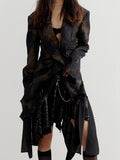 Fashion Women Blazer Notched Collar Long Sleeve Hidden Breasted Print Asymmetric Ruffle Suit Jacket Summer 2023 New