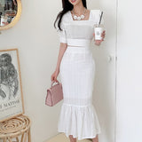 Women 2 Piece set Office OL Elegant Hollow Out Embroidery Square collar Puff Sleeve Tops+High waist Mermaid Bodycon