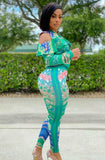 Print Green Cut Out Zipper Jacket and Matching Pants