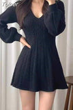 Vintage Woman Dresses V-neck Lantern Sleeve Knit Robe Elegant Vestidos De Mujer Fashion Korean Sweater Y2K Mini