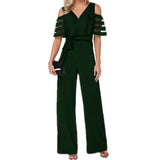Women Sexy Off The Shoulder Wide Leg Jumpsuit Summer V Neck Loose Jumpsuits Elegant Office Lady Belt Vetidos Mujer