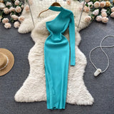 Halter Hollow Out Sexy Knitted Dress One Shoulder Long Sleeve Elastic Slim 2022 Women Autumn Split Party Sweater