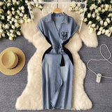 National Trend Denim Dress Women's New Chinese-Style Retro Embroidery Waist Thin Open Fork Ass Fashion