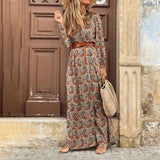 Long Maxi Dresses Women V Neck Fashion Paisley Print Sundress Belt Hem Casual Elegant Robe Femme Vintage Beach