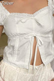 Kawaii Lolita Slit Bow Crop Top White Coquette Aesthetic Puff Short Sleeve Y2K T-shirts French Style Solid Cute