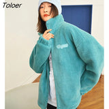 Women Lamb Wool Thick Coat 2022 Winter Long Sleeve Stand Collar Loose Jacket Letter Print Warm Comfort Casual