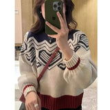 Toloer Retro Wavy Collar Color Button Design Knitted Cardigan Women Loose Soft-Creative Sweater Jacket