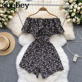 Slash Neck Floral Jumpsuits Shorts Casual Summer Women Overalls Ruffles Playsuits 2022 Sexy Ruffles Playsuit Off