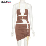 Puss Sexy Hollow Out Bodycon Drawstring Lace Up Skinny Stretchy Fashion Party Dress Sleeveless 2021 Summer Clubwear