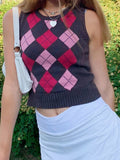 E-girl Women Rhombus Sweater V Neck Sleeveless Vest Blue Preppy Style Knitted Vests Plaid Soft Crop Top