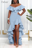 Cascading Ruffles Mermaid Dresses Sexy Slash Neck High Low Hemline Evening Dress Simple Pacakge Hip Birthday