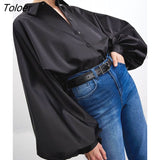Office Lady Satin Lantern Sleeve Women's Blouse Spring Lapel Loose Elegant Shirt All-Match Casual Button Up Top Women