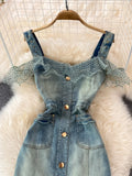 Dress Sexy Style New Arrival Ins Strap Waist Mesh Polka Dot Ruffles Stitching Female Bodycon Midi Dresses Female