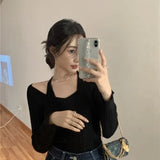 Fake Two-piece T-shirt Long Sleeve Halter Black Tops Knit Slim Sweater Tops Women Autumn Spring Sexy Female Tee