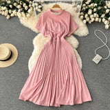 Summer Women Pleated Dress Vintage Round Neck Hollow Out Short Sleeve High Waist Casual Vestidos Elegant Draped Purple/Red