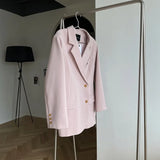Breasted Shoulder Pad Flap Pocket Front Plus Blazer Pink Green Gray Autumn Casual Oversize Women