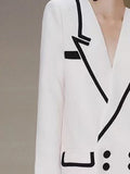 Fashion Women's Jacket Loose Notched Collar Full Sleeve Double Breasted Black Stripe White X-long Blazer 2023 New