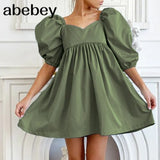 V-neck Loose Lantern Sleeve Mini Dress Fashion Blue Summer Women A-line dress 2022 Solid retro high waist