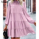 2023 Stand Collar Loose Dresses For Women Fashion Casual Long Sleeve Solid Color Dresses Elegant Holiday Beach