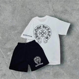 Trendy Retro Print Round-Neck Short-Sleeved Men's Loose Cotton Free-Fitting Hiphop Pants Couple