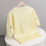Thin Hollow Out Knitted T-Shirt Women's Fashion Cartoon Embroidery Short-sleeved Sweater Ladies Casual Knitwear