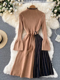 Winter Spliced Knitter Pleated Dress Flare Sleeve Elastic Belt Stand Neck Elegant Retro Female Midi Long Sweater