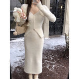 Fur Sweater Knitted Suits Women Slim 2022 Winter Elegant Vintage 2 Piece Dress Set Office Lady Y2k Clothing Korean