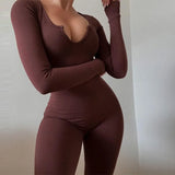 Women Solid Color Ribbed Knitting Jumpsuit Sexy Front Long Sleeve Fitness Slim Skinny Rompers