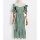 Casual Solid Dress For Women Slash Neck Short Sleeve High Waist Cut Out Minimalist Midi Dresses Female Summer