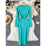 Women Autumn Knitted Dress Long Sleeve O Neck Elastic Slim Pencil Dress Korean Style Sexy Bodycon Sweater