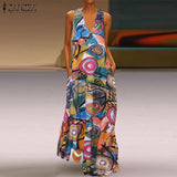 Printed Maxi Dress ZANZEA 2022 Women's Sundress Casual Summer Long Vestido Female V Neck Party Robe Femme Linen Dress