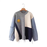 And Winter Cowboy Sleeve Splicing Bumpy Smiley Face Loose-Fitting Sweater Round Collar Knitted Bottoming Shirt