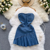 Strapless Denim Women Irregular Dress Backless Zipper Summer 2022 Pocket Sexy Club Ladies A Line Fashion Mini