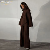 Winter Blue Knit Wool 2 Piece Sets Womens Outfits Elegant Turtleneck Long Sleeve Sweater With High Waist Wide Pants