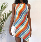 Chic Summer O Neck Knitted Cotton Tank Dresses Women Party Club Sleeveless Mini Wrap Bodycon Striped Fashion Dress